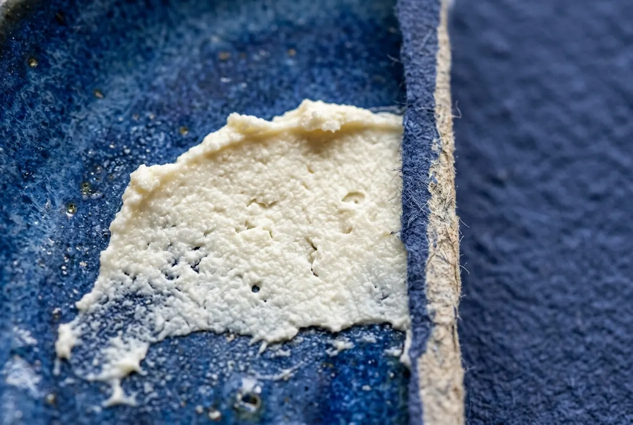 A small spread of real cream on ceramic beside cobalt paper